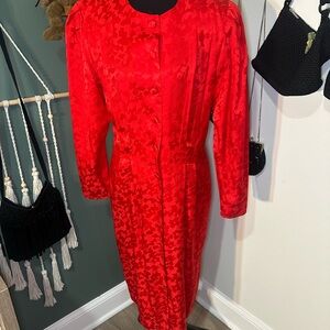 Vintage Papell Too Red Silk Jacquard Dress Size 10 Long Sleeve Button Front